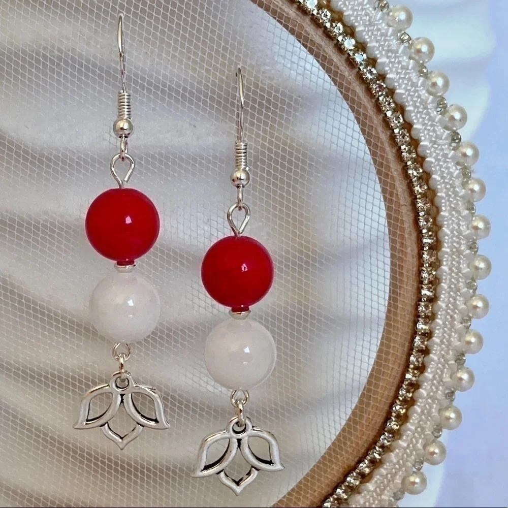 𝅺DANGLE Earrings Pink Jade and Milky White Jade Beads Lotus Flower Charms